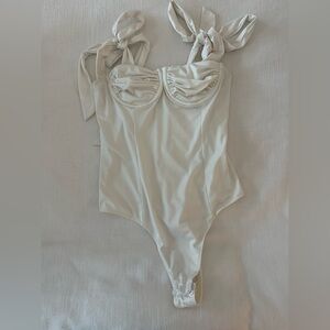 Sexy Elegant Cream Bodysuit with Tie Straps, Small, Thong